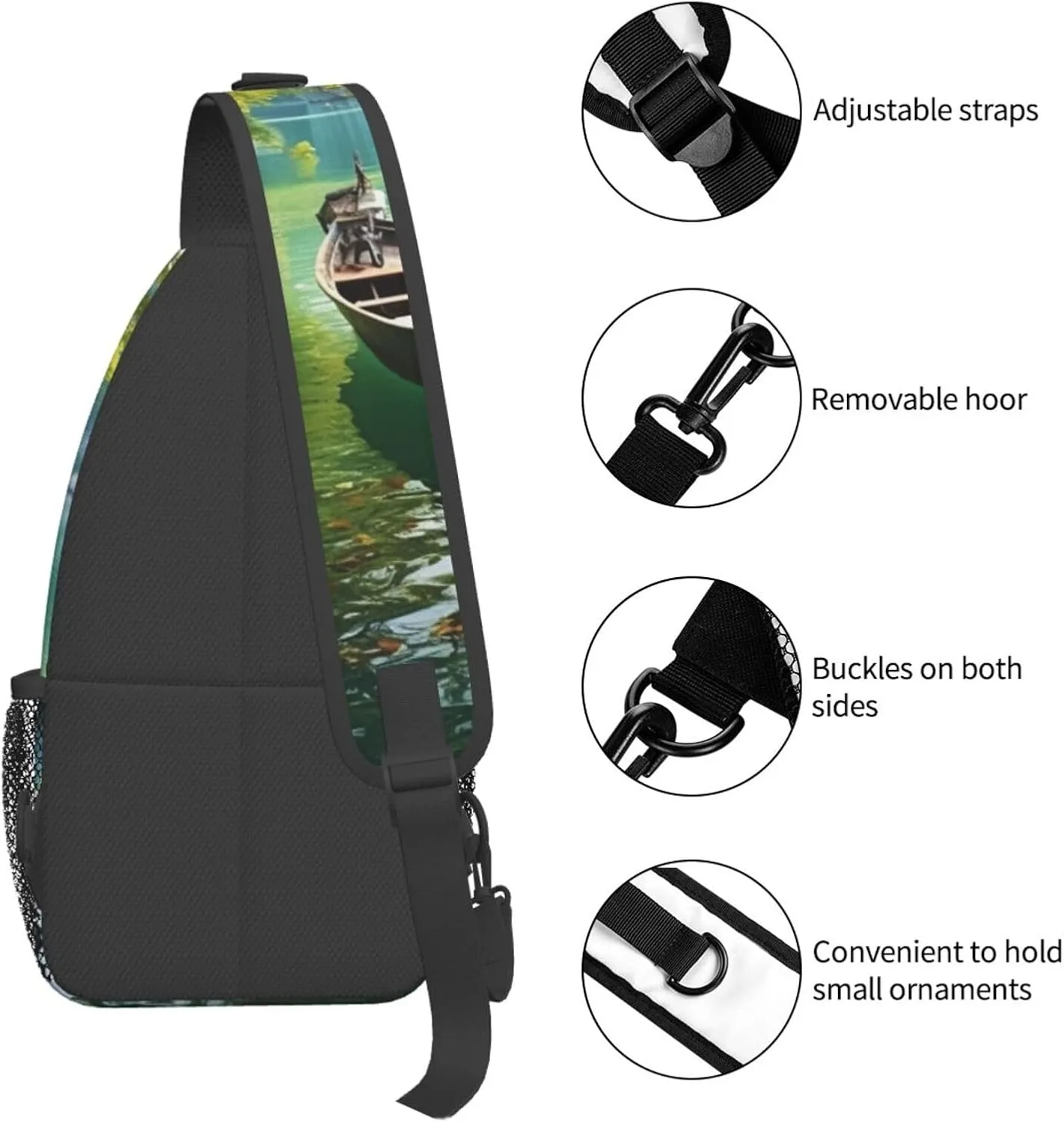 Sling Bag for Men Women Crossbody Backpack Green Lake Boat Crossbody Bag Chest Bag for Travel Sport
