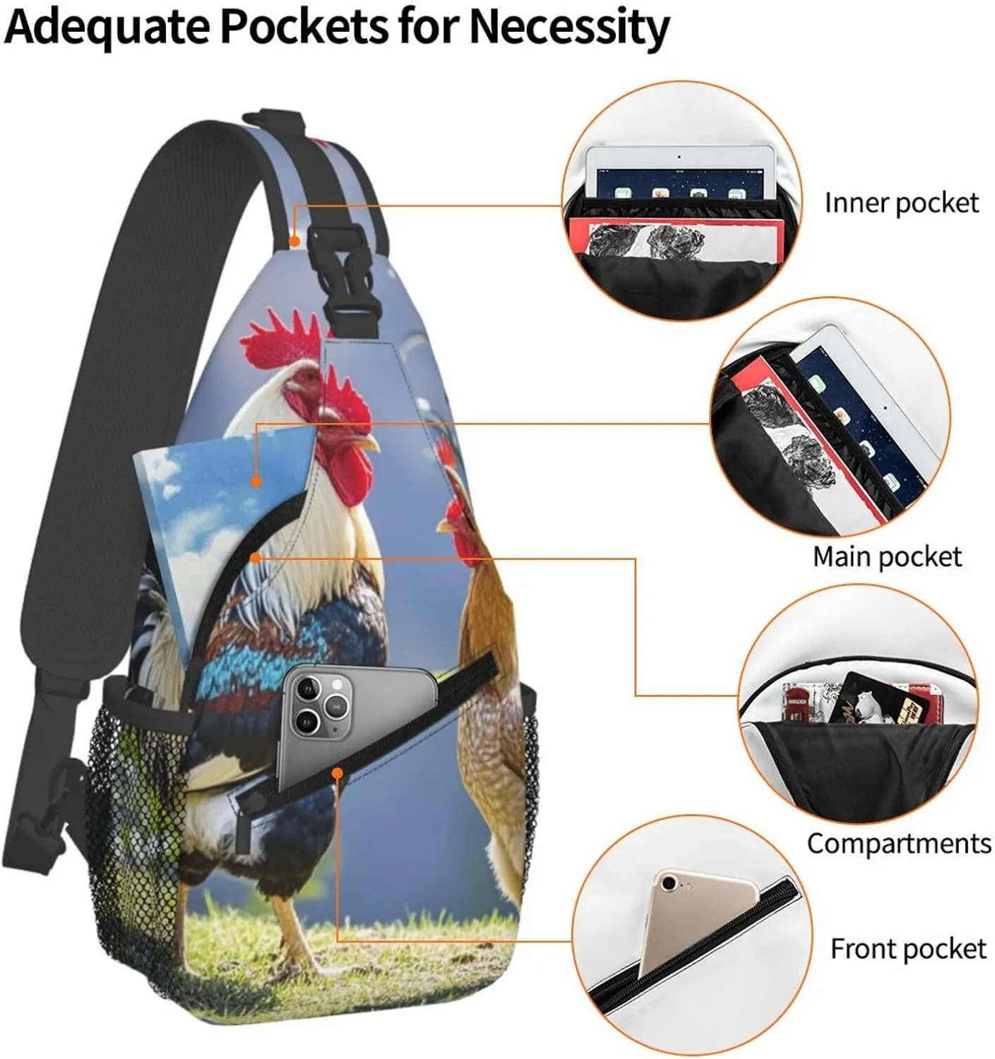 Sling Bag for Men Women Crossbody Backpack Rooster and hen Crossbody Bag Chest Bag for Travel Sport