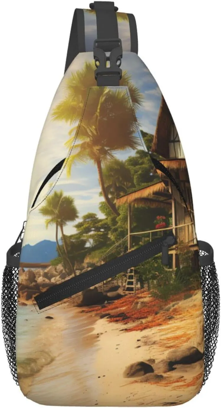 Sling Bag for Women Men Crossbody Bag Sling Backpack A Cottage by The Sea Cross Body Bag Adjustable Chest Bag