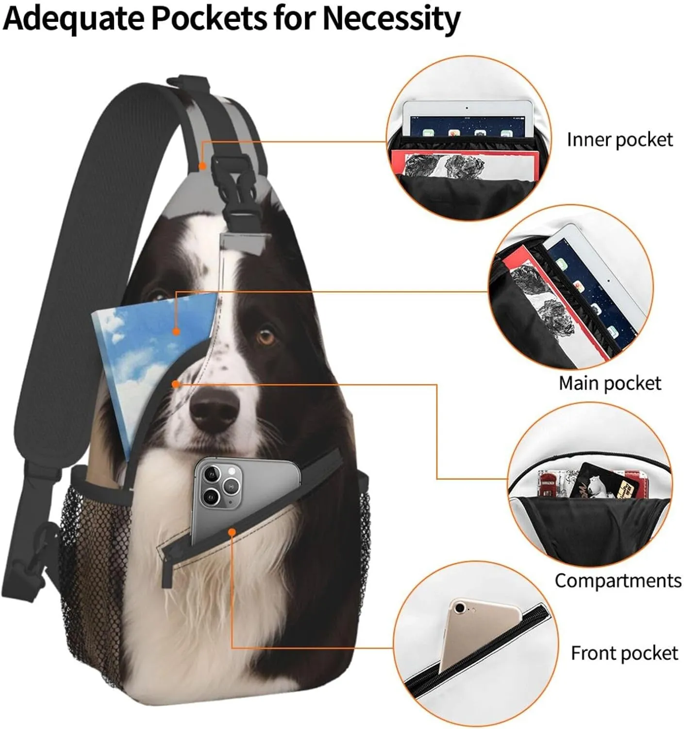 Sling Bag for Women Men Crossbody Bag Small Sling Backpack Border Collie Chest Bag Hiking Daypack