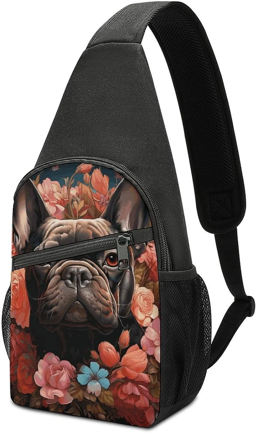 Sling Bag for Women Men Crossbody Bag Small Sling Backpack Bulldog And Flowers Chest Bag Hiking Daypack