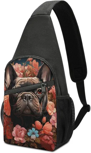 Sling Bag for Women Men Crossbody Bag Small Sling Backpack Bulldog And Flowers Chest Bag Hiking Daypack