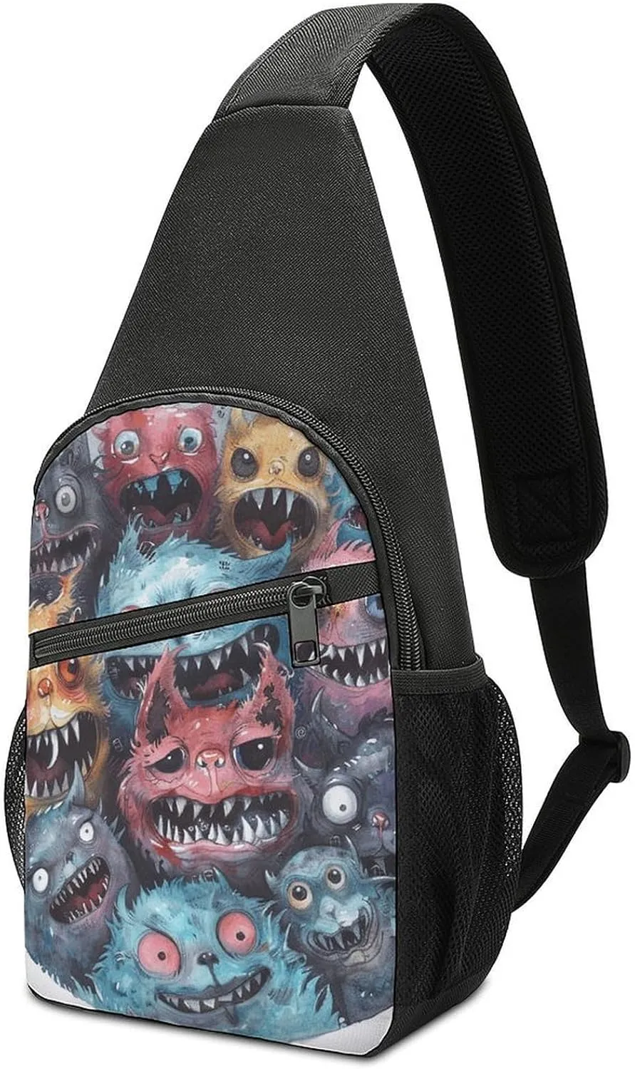 Sling Bag for Women Men Crossbody Bag Small Sling Backpack Circle of Cartoon Monsters Chest Bag Hiking Daypack