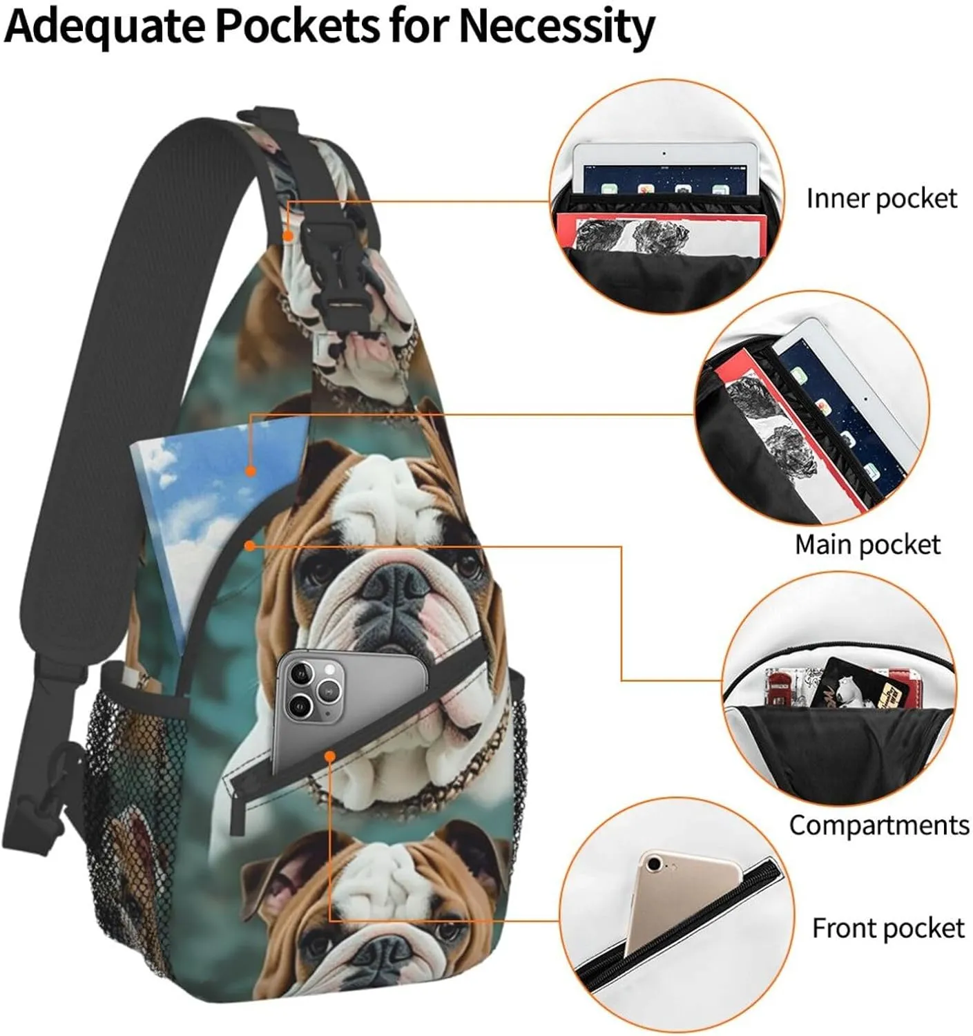 Sling Bag for Women Men Crossbody Bag Small Sling Backpack Funny English Bulldog Chest Bag Hiking Daypack