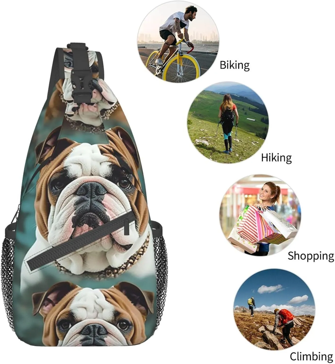Sling Bag for Women Men Crossbody Bag Small Sling Backpack Funny English Bulldog Chest Bag Hiking Daypack