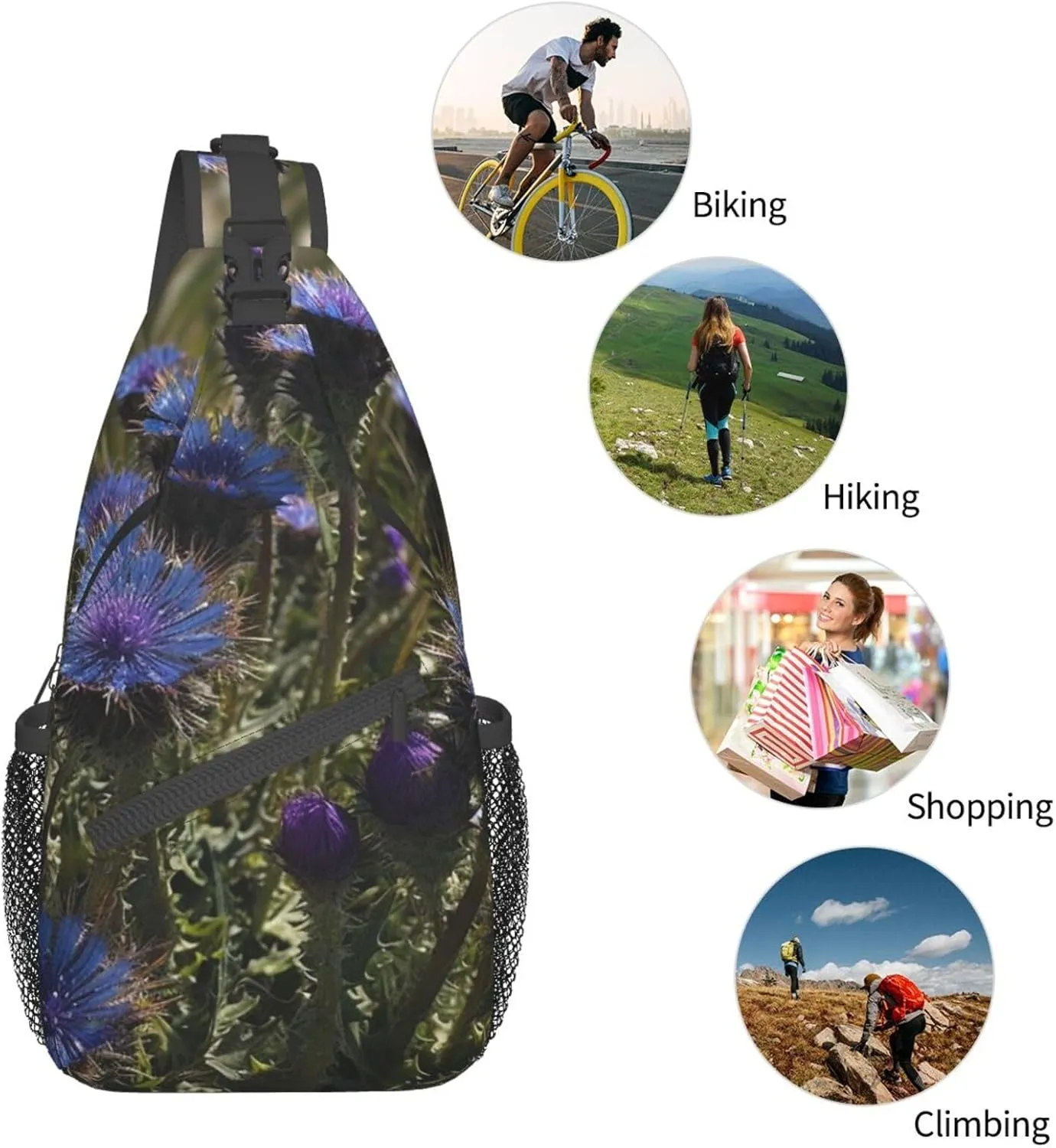 Sling Bag for Women Men Crossbody Bag Small Sling Backpack Purple Flowers in Green Grass Chest Bag Hiking Daypack
