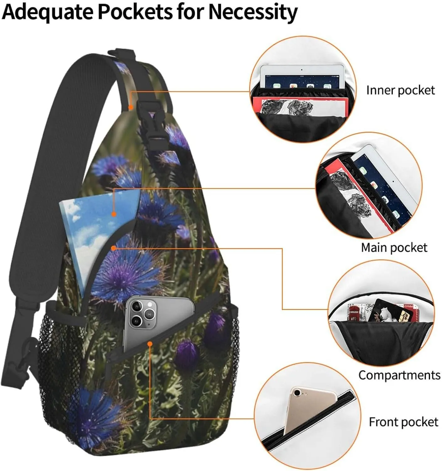 Sling Bag for Women Men Crossbody Bag Small Sling Backpack Purple Flowers in Green Grass Chest Bag Hiking Daypack