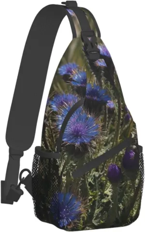 Sling Bag for Women Men Crossbody Bag Small Sling Backpack Purple Flowers in Green Grass Chest Bag Hiking Daypack
