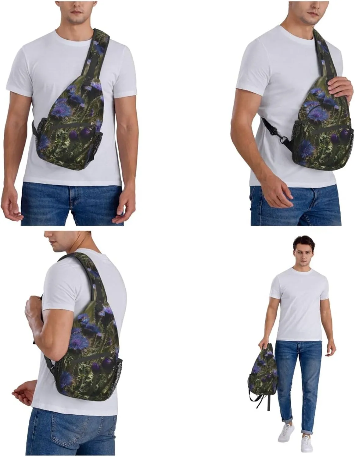 Sling Bag for Women Men Crossbody Bag Small Sling Backpack Purple Flowers in Green Grass Chest Bag Hiking Daypack