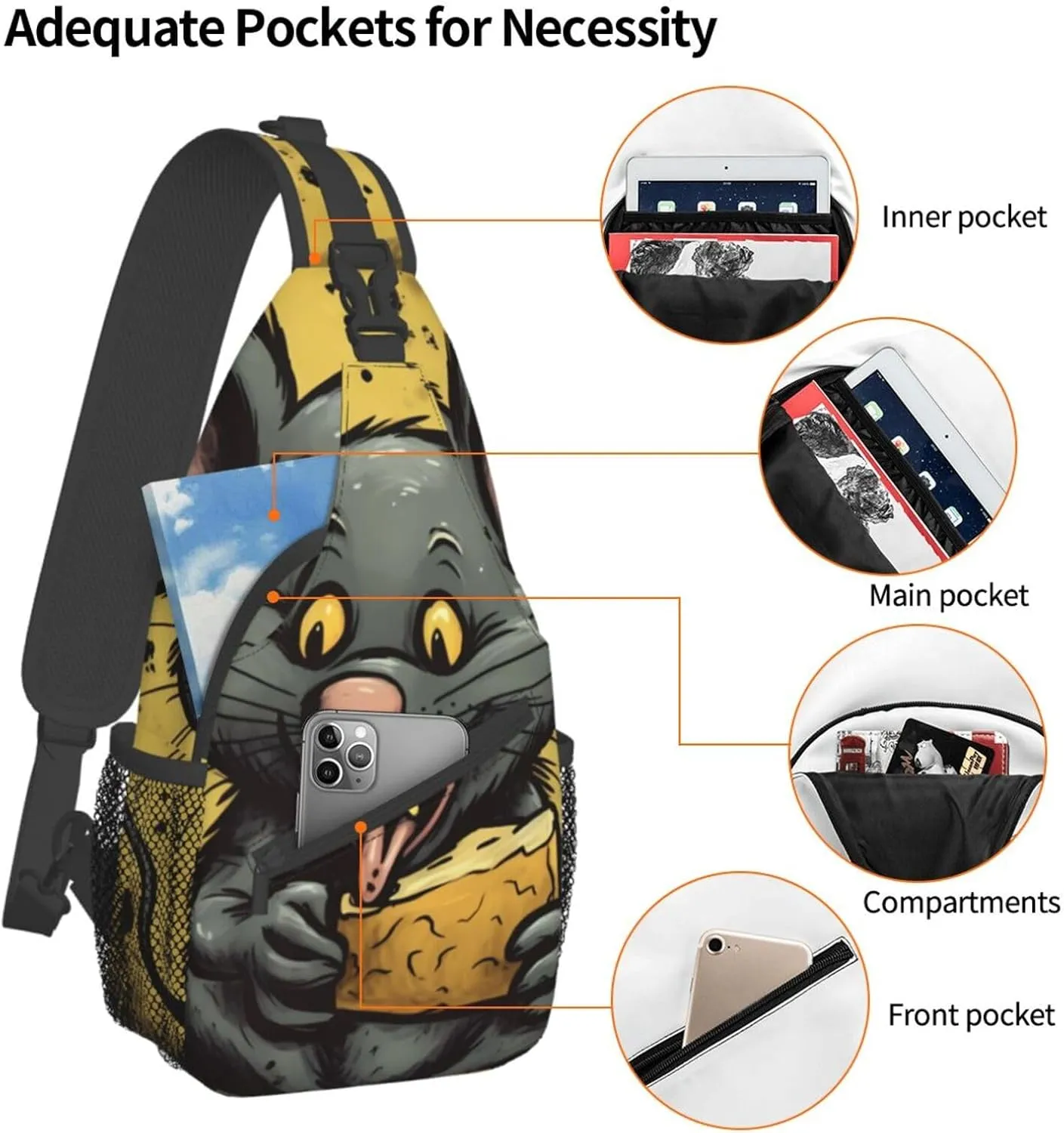 Sling Bag for Women Men Crossbody Bag Small Sling Backpack Rat Eats a Piece of Cheese Chest Bag Hiking Daypack