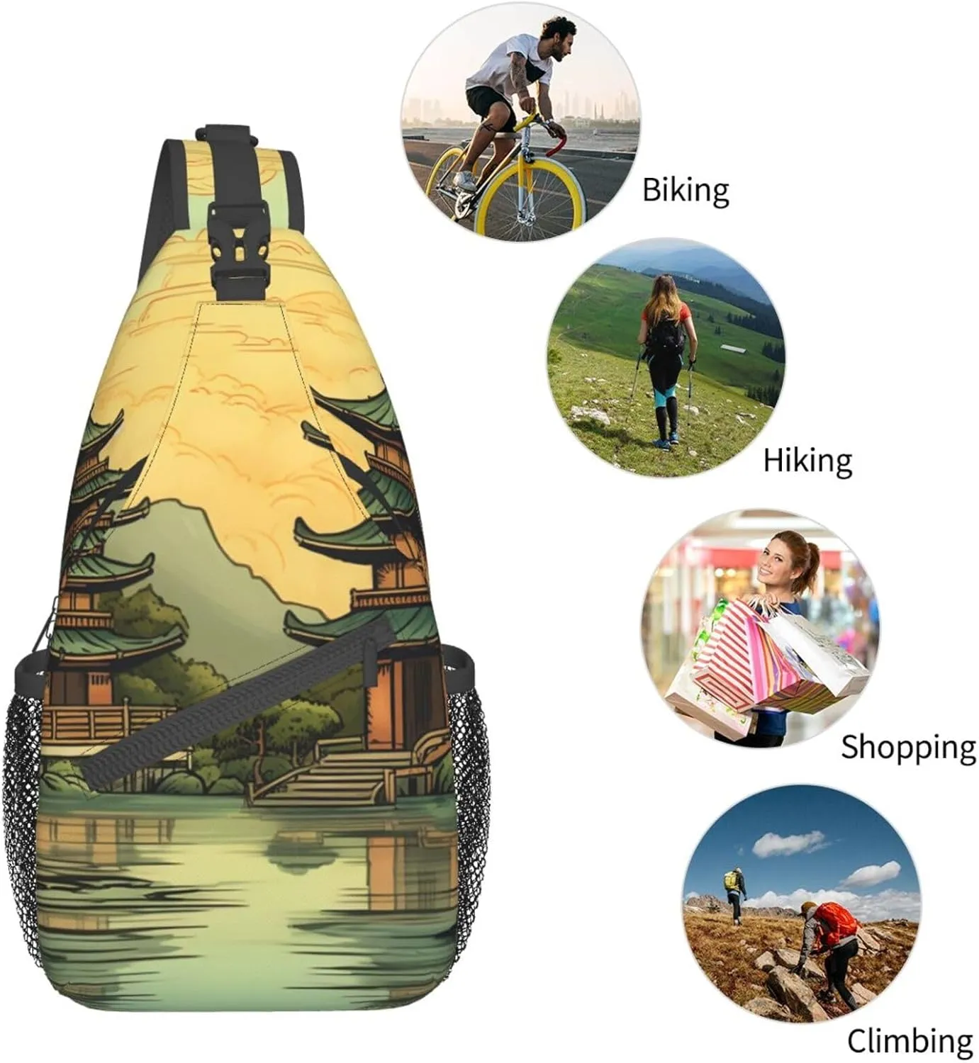 Sling Bag for Women Men Crossbody Bag Small Sling Backpack Two Pagodas on the Lake Chest Bag Hiking Daypack