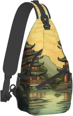 Sling Bag for Women Men Crossbody Bag Small Sling Backpack Two Pagodas on the Lake Chest Bag Hiking Daypack