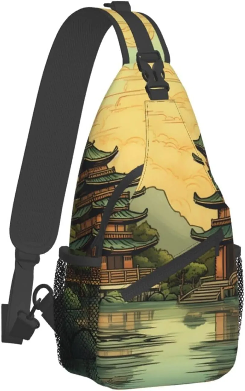 Sling Bag for Women Men Crossbody Bag Small Sling Backpack Two Pagodas on the Lake Chest Bag Hiking Daypack