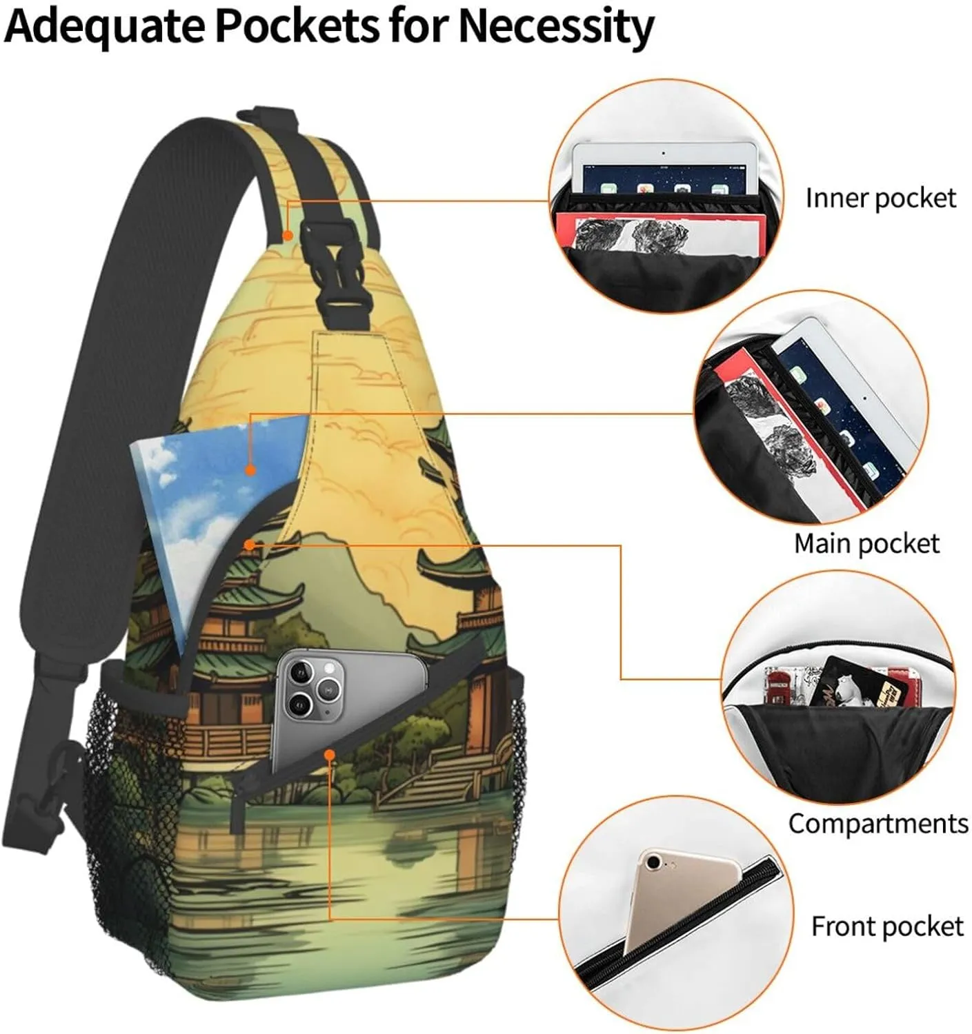 Sling Bag for Women Men Crossbody Bag Small Sling Backpack Two Pagodas on the Lake Chest Bag Hiking Daypack