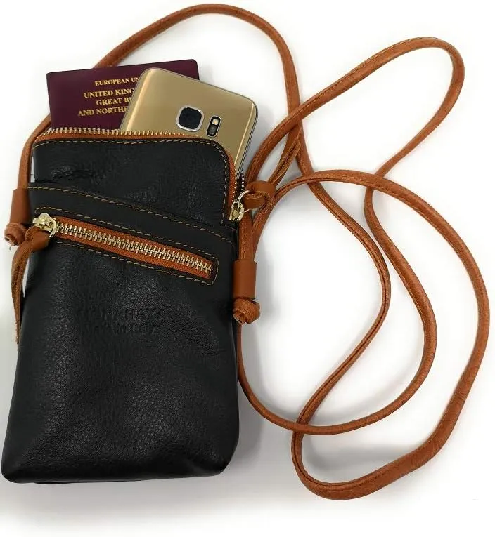 Small Vera Pelle Italian Leather Cell Phone Cross Body Bag Passport Travel Pouch Shoulder Bag