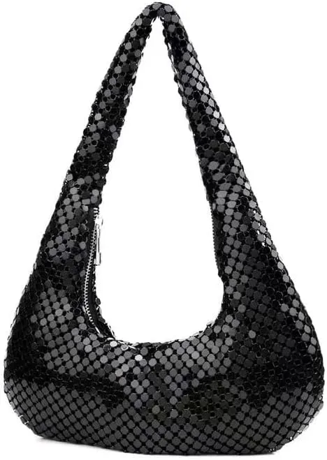 Small Womens Metallic Evening Bag Cute Hobo Handbag Fashion Y2k Shiny Moon-shaped Shoulder Purse