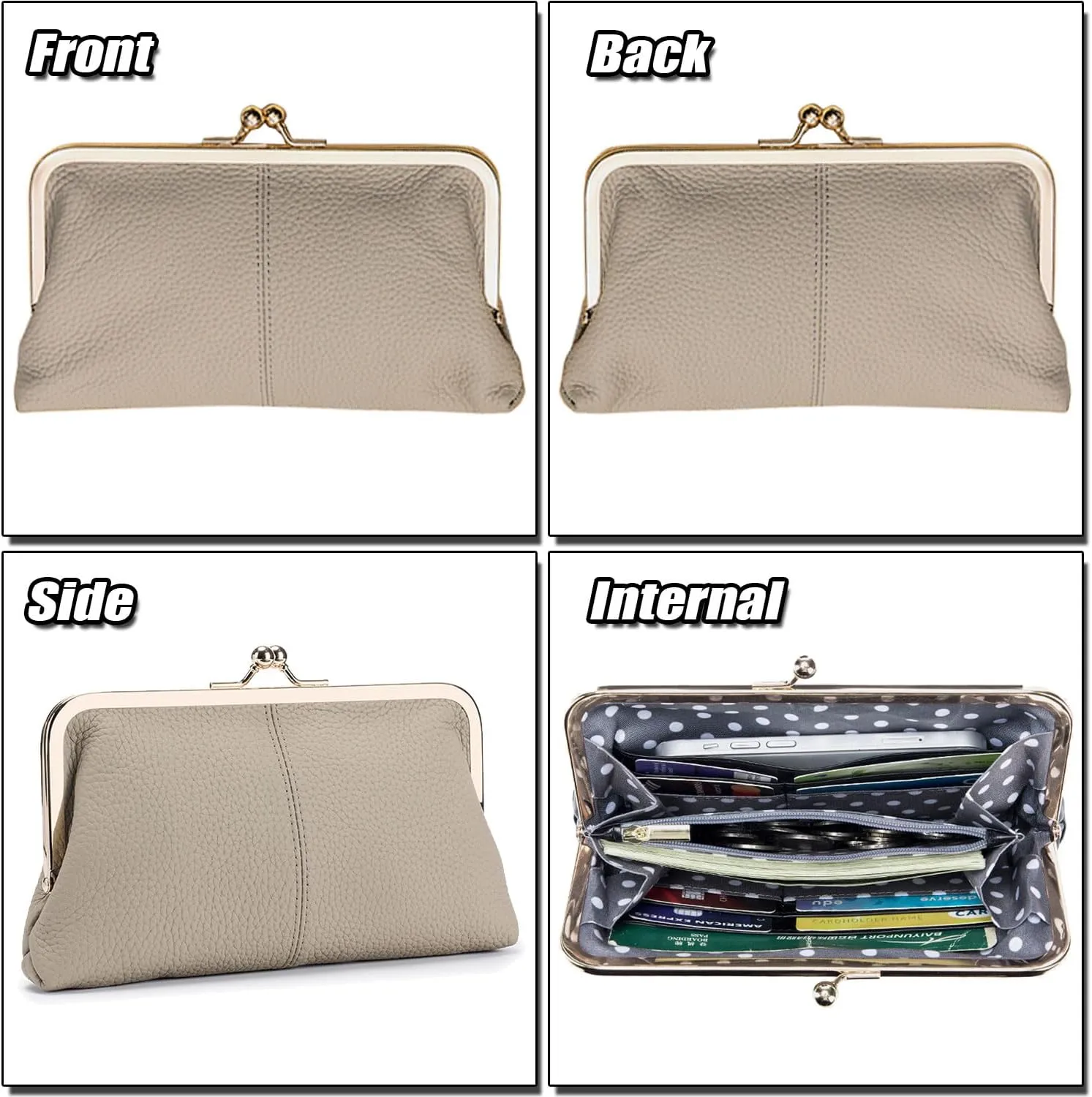 Soft Genuine Leather Wallet for Women Vintage Style Ladies Cell Phone Purse with 8 Card Slots, Kiss-lock Closure