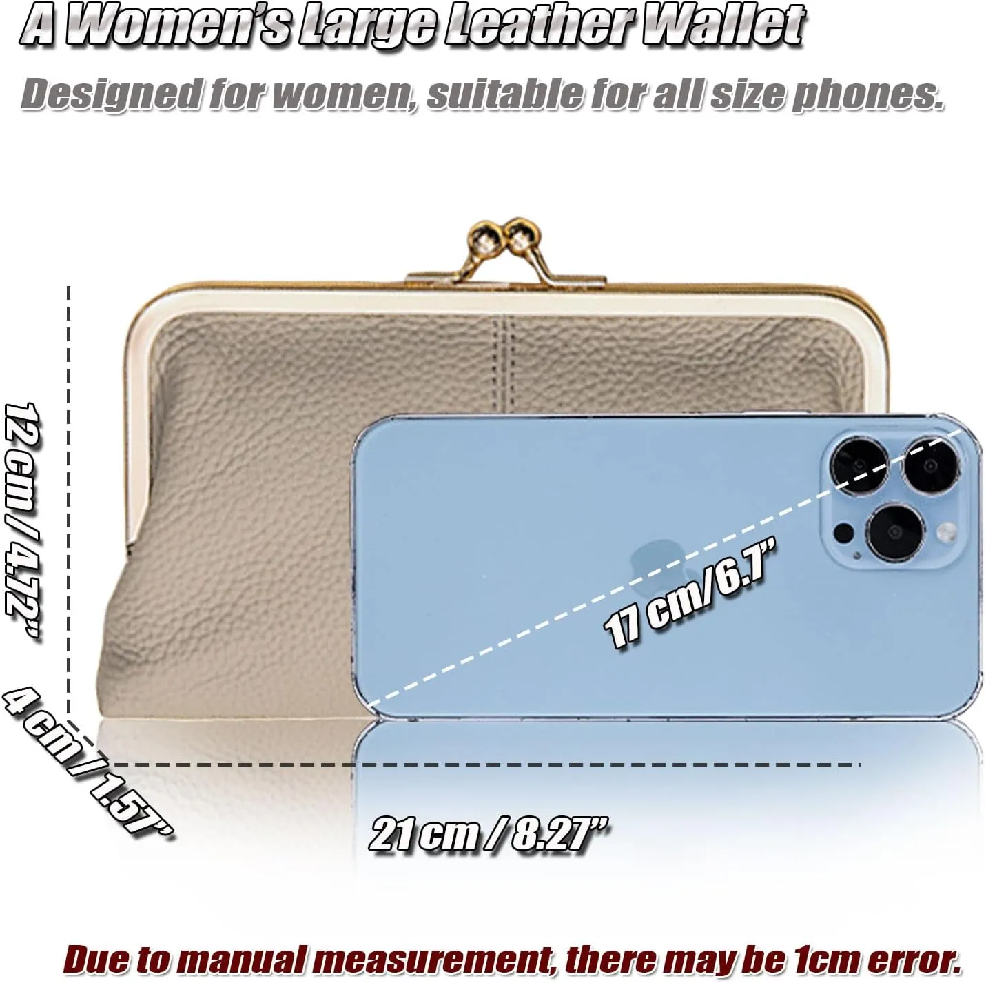 Soft Genuine Leather Wallet for Women Vintage Style Ladies Cell Phone Purse with 8 Card Slots, Kiss-lock Closure