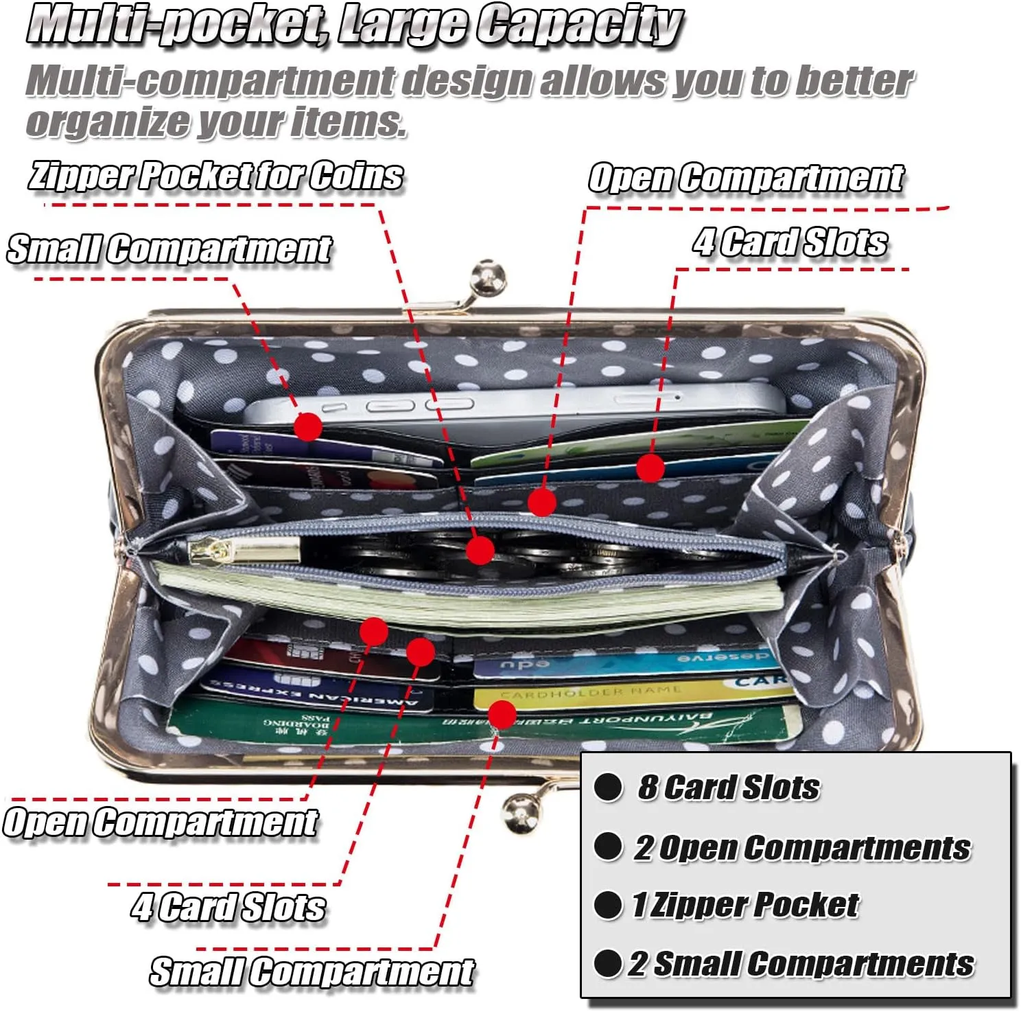 Soft Genuine Leather Wallet for Women Vintage Style Ladies Cell Phone Purse with 8 Card Slots, Kiss-lock Closure