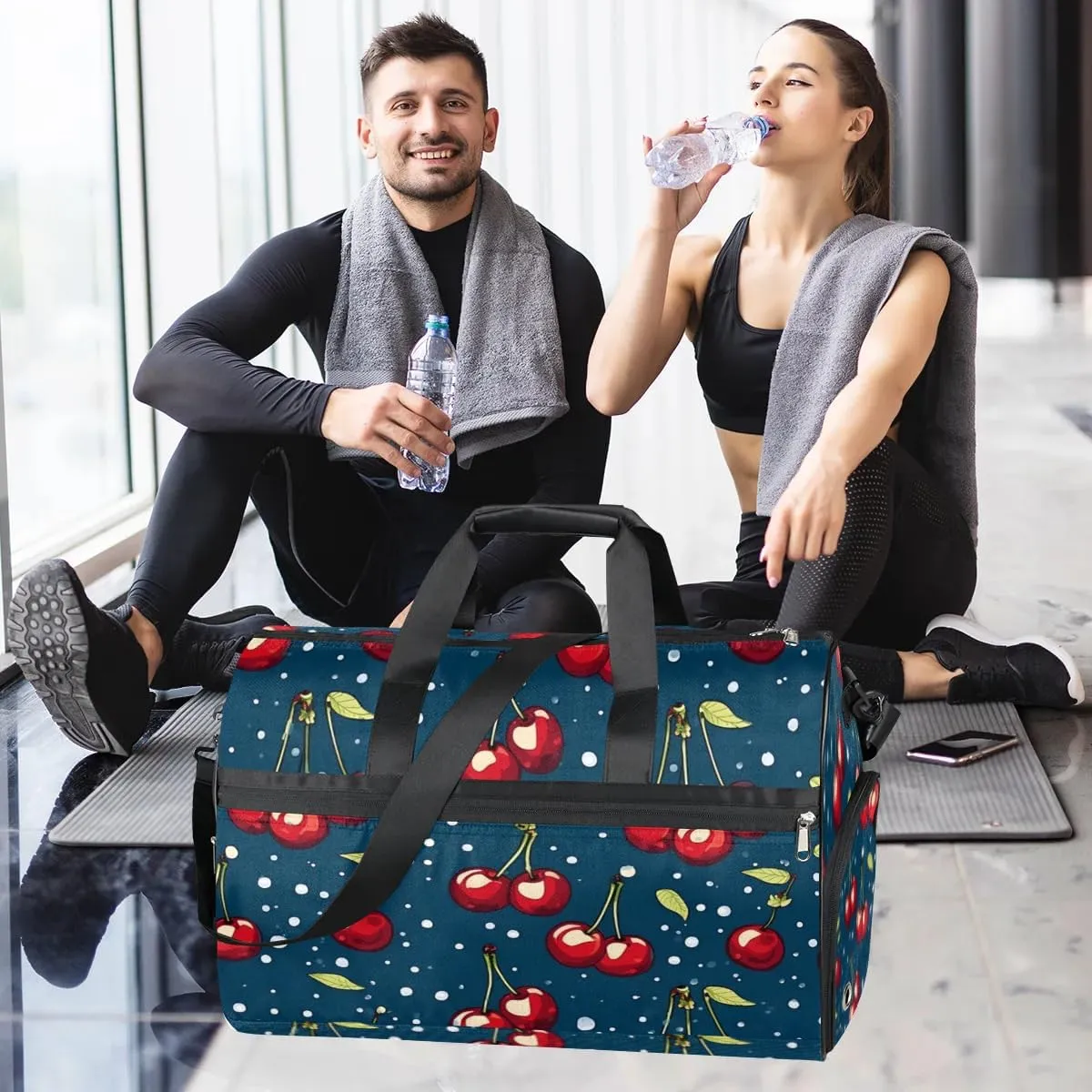 Sport Gym Bag for Women Men with Shoes Compartment & Wet Pocket, Travel Duffel Bag Sport Gym Tote Bags Swimming Yoga Ballet Weekend Overnight Bag Carry on Bag for Airplane (Fruits Cherry 3)
