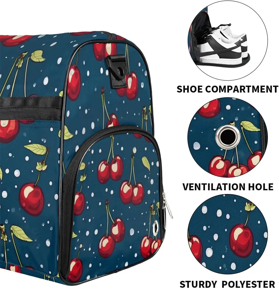 Sport Gym Bag for Women Men with Shoes Compartment & Wet Pocket, Travel Duffel Bag Sport Gym Tote Bags Swimming Yoga Ballet Weekend Overnight Bag Carry on Bag for Airplane (Fruits Cherry 3)