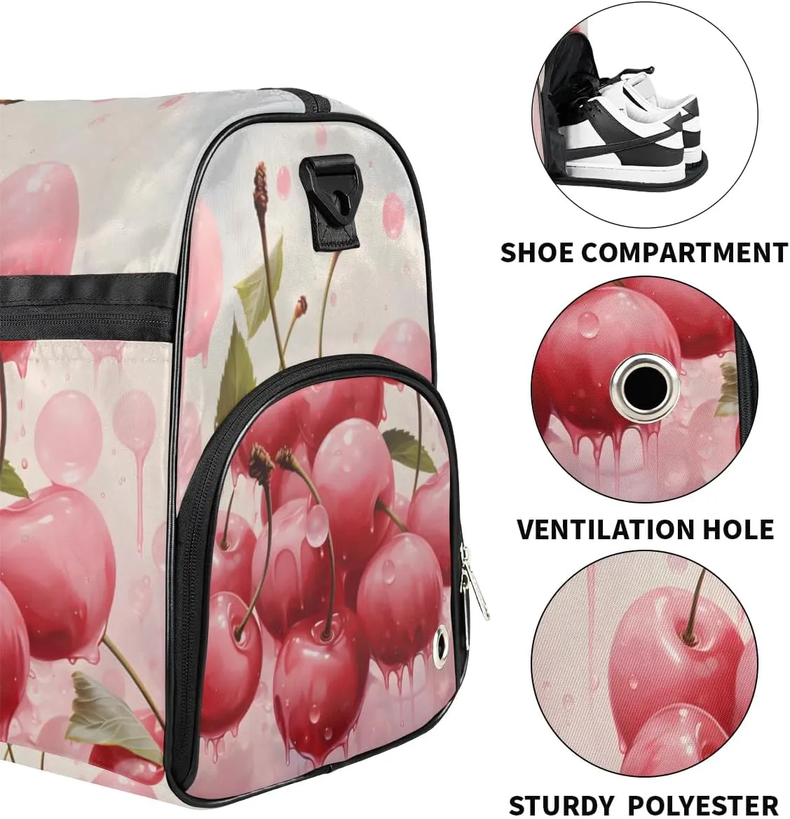 Sport Gym Bag for Women Men with Shoes Compartment & Wet Pocket, Travel Duffel Bag Sport Gym Tote Bags Swimming Yoga Ballet Weekend Overnight Bag Carry on Bag for Airplane (Fruits Cherry 5)