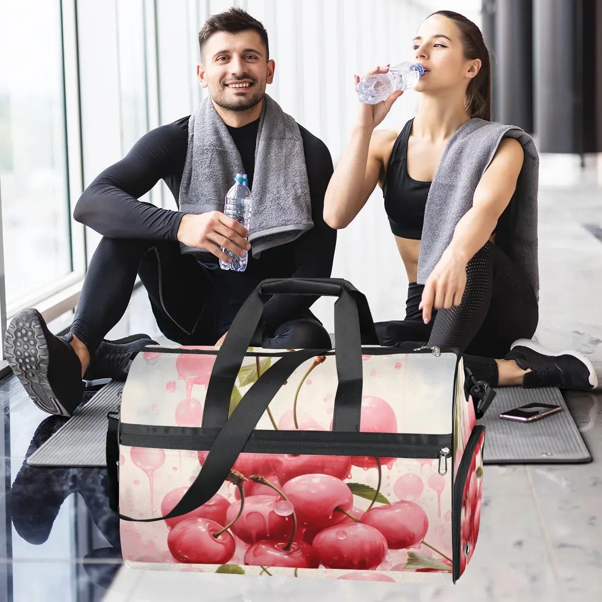 Sport Gym Bag for Women Men with Shoes Compartment & Wet Pocket, Travel Duffel Bag Sport Gym Tote Bags Swimming Yoga Ballet Weekend Overnight Bag Carry on Bag for Airplane (Fruits Cherry 5)