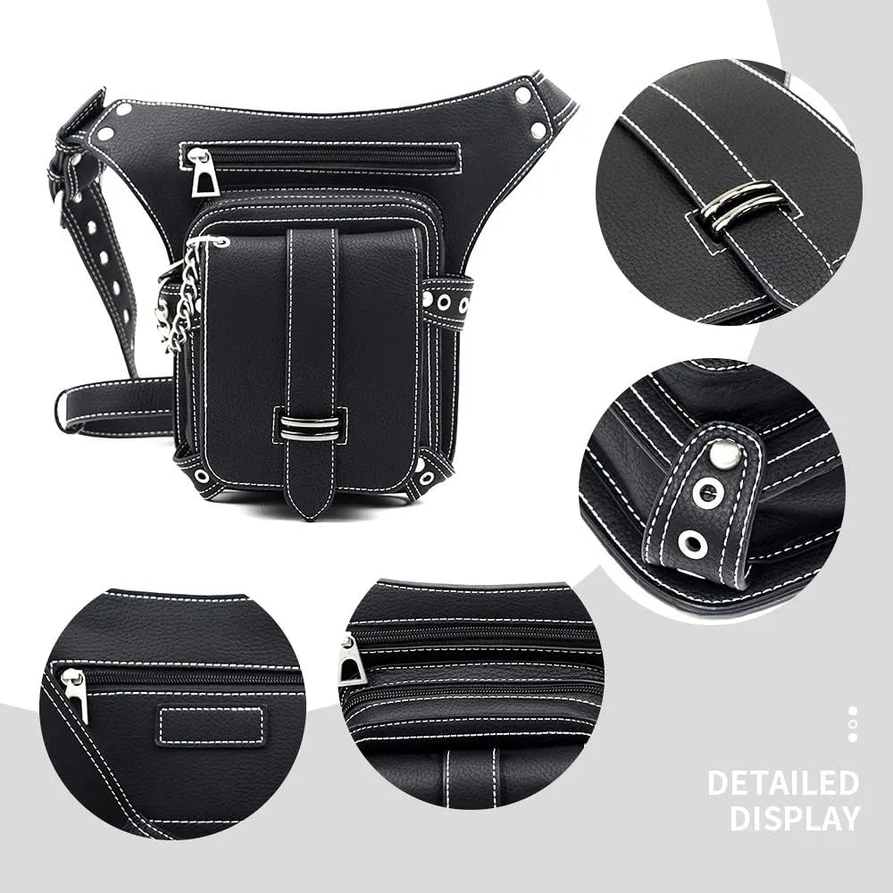 Steampunk Waist Bag Fanny Pack Fashion Gothic Leather Shoulder Crossbody Thigh Leg Hip Holster Purse Travel Pouch Sport Black