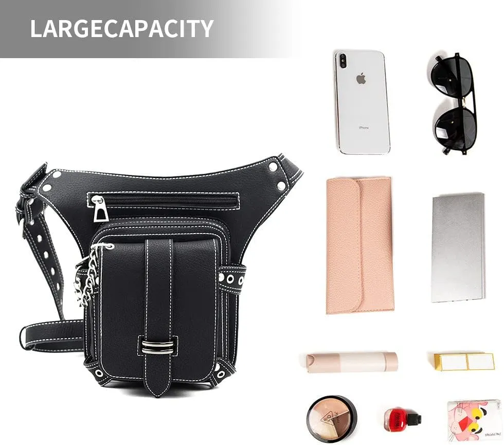 Steampunk Waist Bag Fanny Pack Fashion Gothic Leather Shoulder Crossbody Thigh Leg Hip Holster Purse Travel Pouch Sport Black
