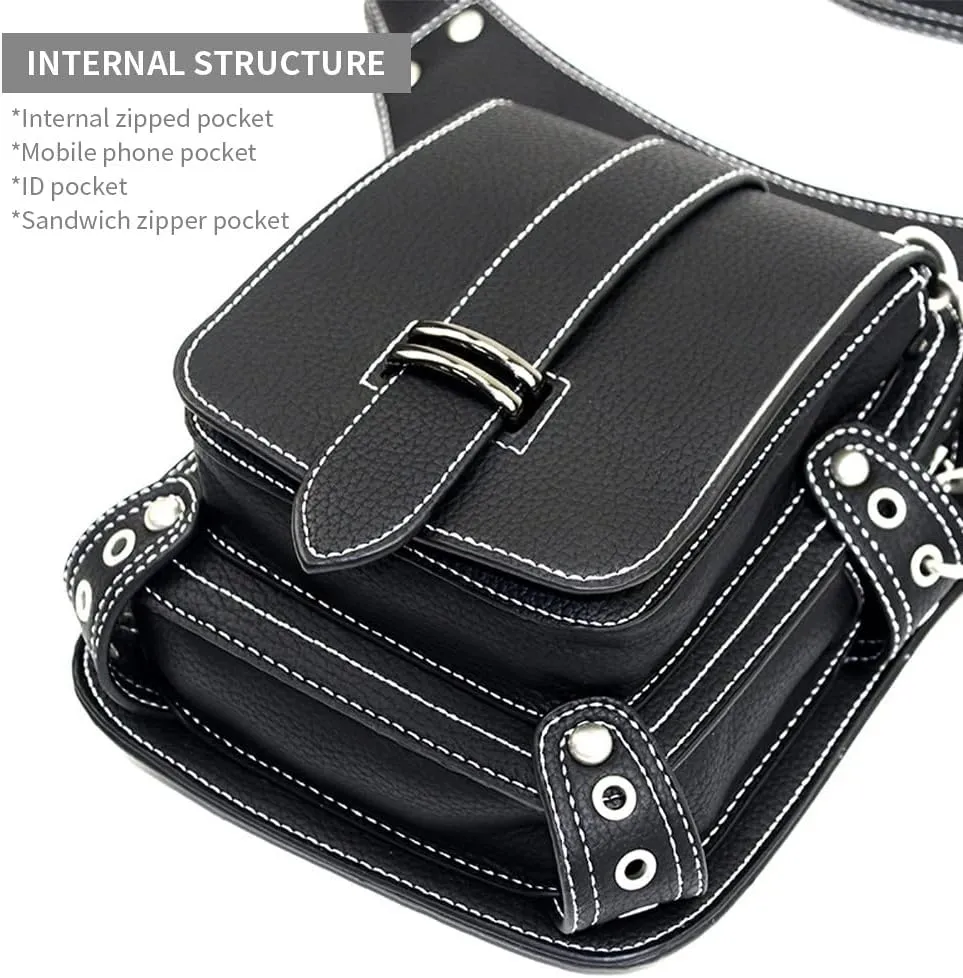 Steampunk Waist Bag Fanny Pack Fashion Gothic Leather Shoulder Crossbody Thigh Leg Hip Holster Purse Travel Pouch Sport Black