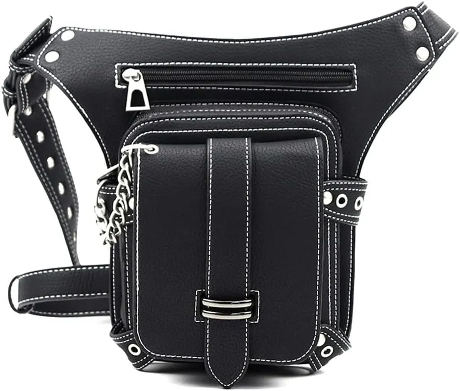 Steampunk Waist Bag Fanny Pack Fashion Gothic Leather Shoulder Crossbody Thigh Leg Hip Holster Purse Travel Pouch Sport Black
