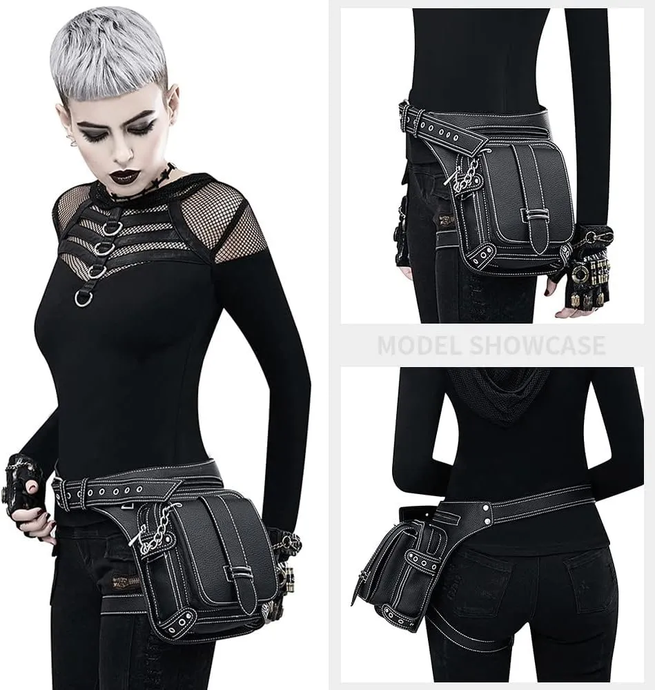 Steampunk Waist Bag Fanny Pack Fashion Gothic Leather Shoulder Crossbody Thigh Leg Hip Holster Purse Travel Pouch Sport Black