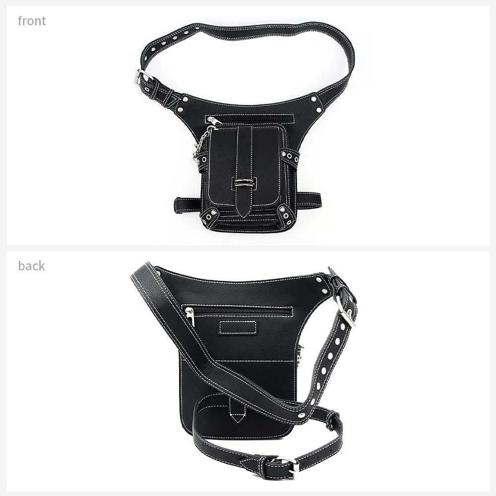 Steampunk Waist Bag Fanny Pack Fashion Gothic Leather Shoulder Crossbody Thigh Leg Hip Holster Purse Travel Pouch Sport Black