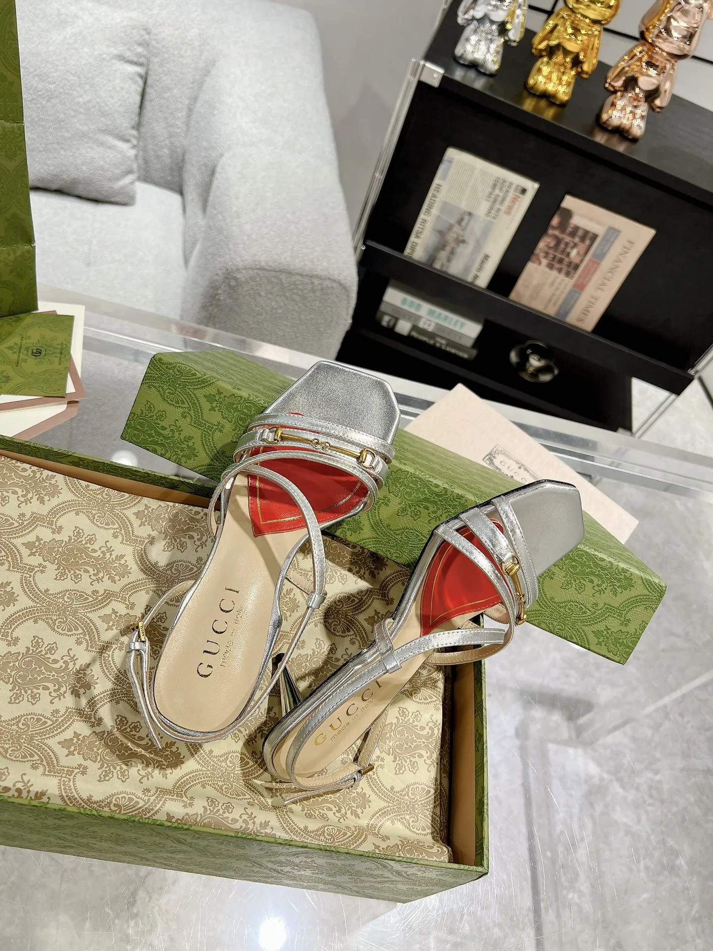 STRAPPY Gucci GG SANDAL State-of-the-art CALFSKIN Mega sale SILVER CLASSIC HEEL
