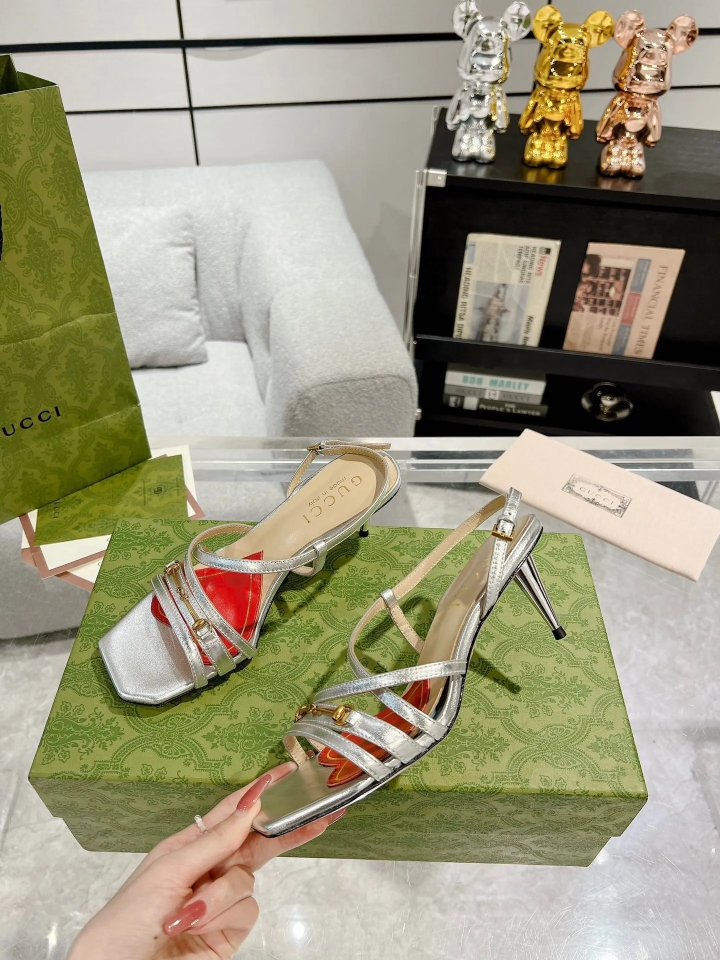 STRAPPY Gucci GG SANDAL State-of-the-art CALFSKIN Mega sale SILVER CLASSIC HEEL