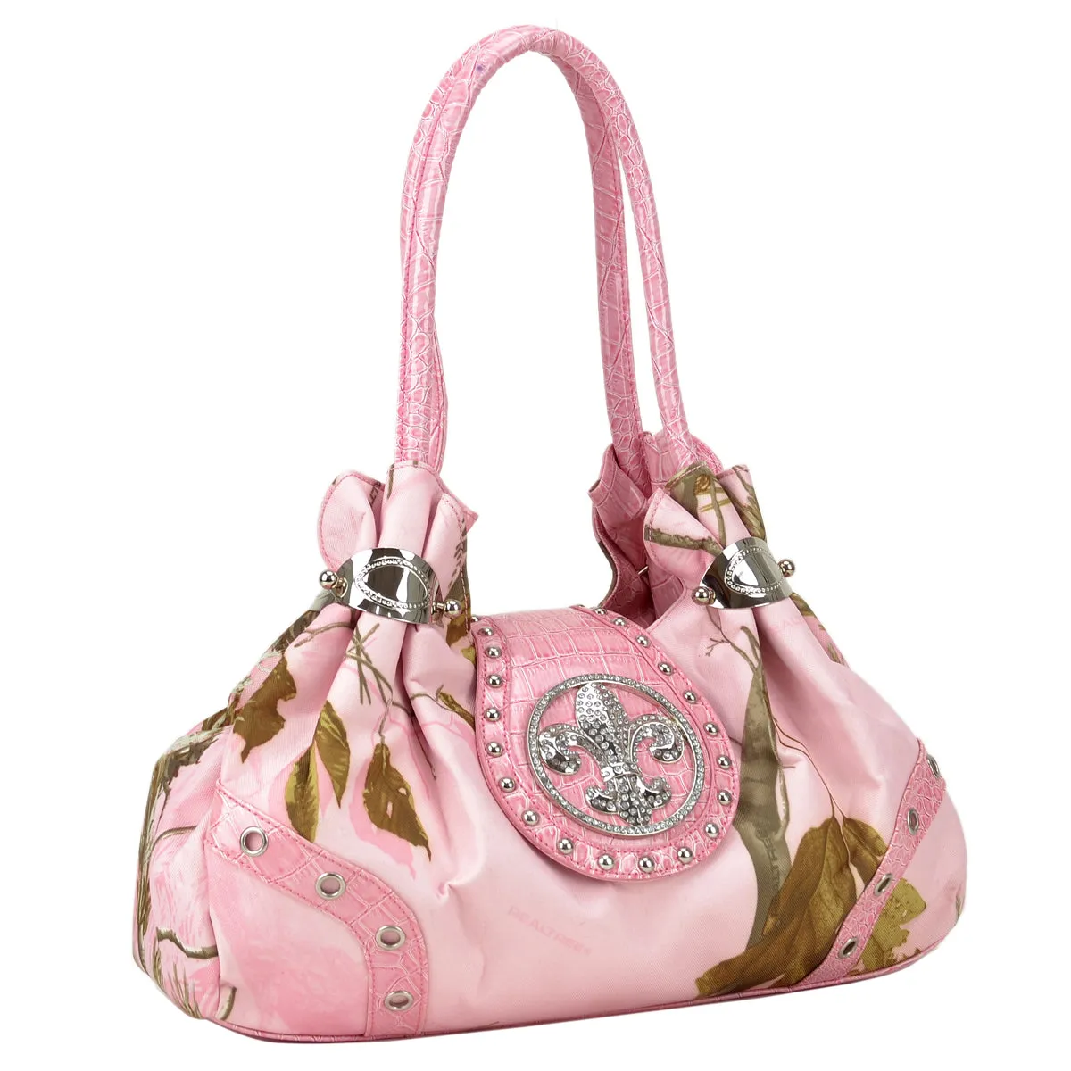 Studded Satchel Bag Realtree ® Camouflage with Rhinestone Fleur De Lis