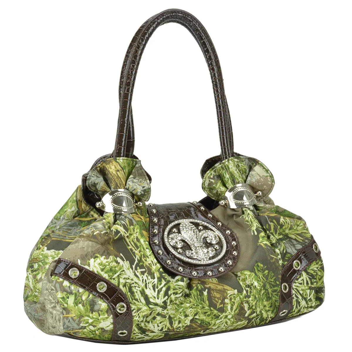 Studded Satchel Bag Realtree ® Camouflage with Rhinestone Fleur De Lis