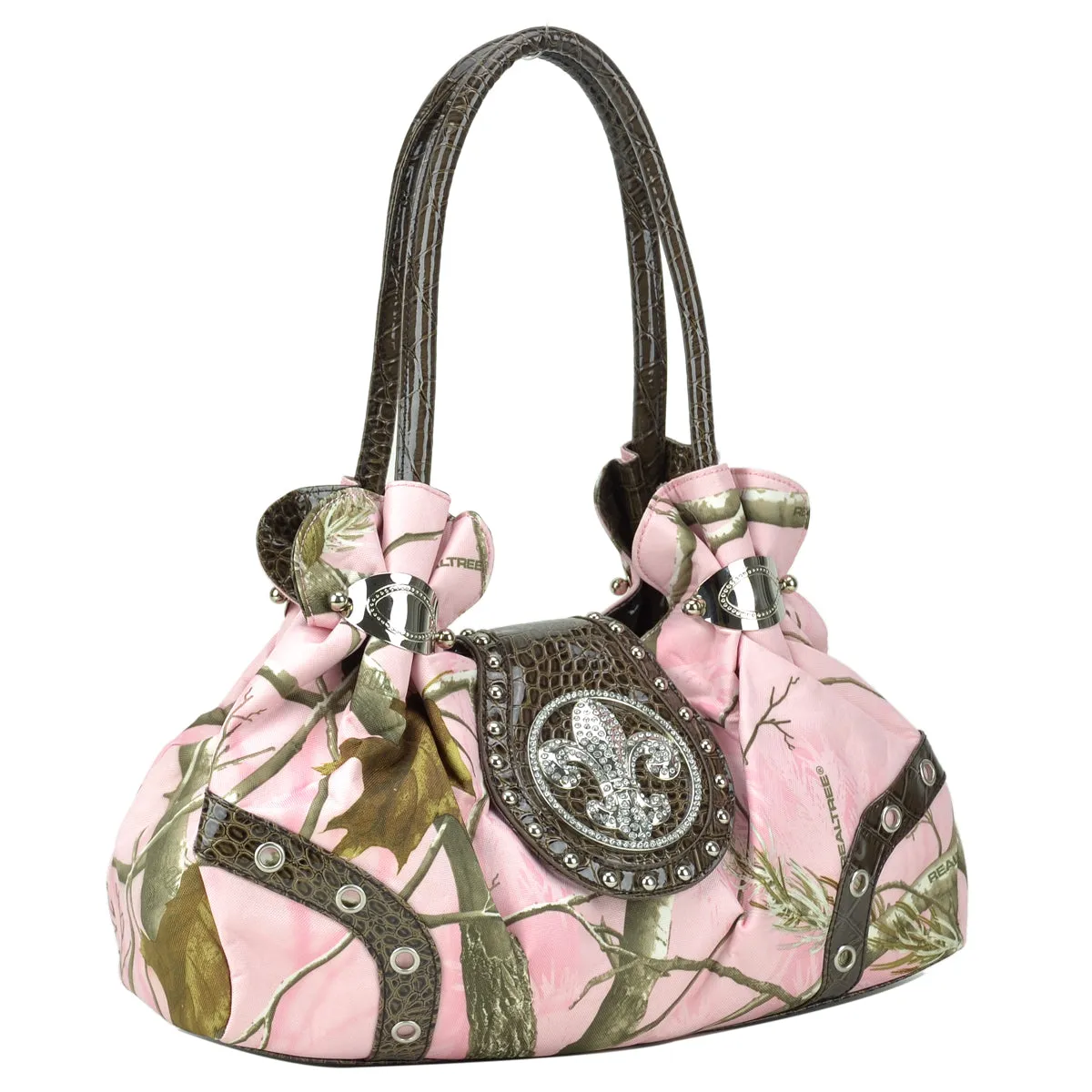 Studded Satchel Bag Realtree ® Camouflage with Rhinestone Fleur De Lis