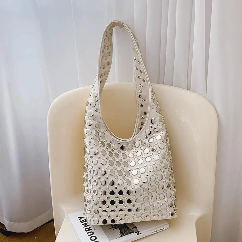 Stylish Studded Hobo Bag Y2K Rivets Bucket Purse for Women Trendy Small Shoulder Tote Handbag