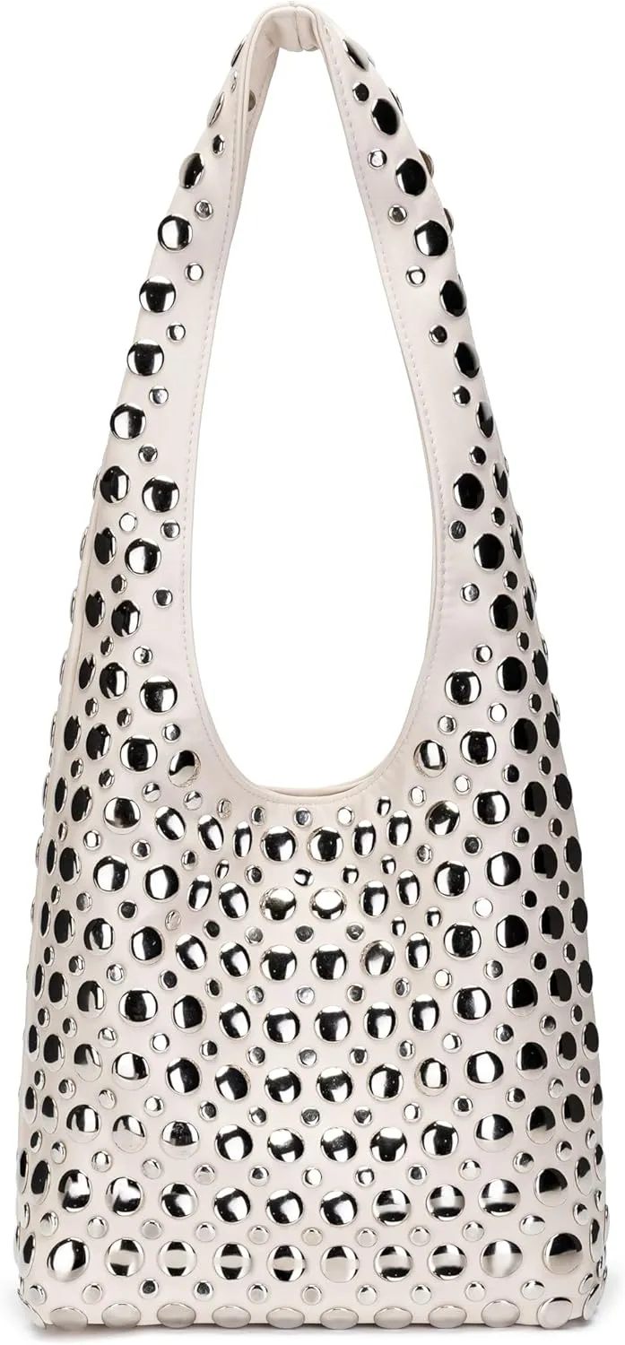 Stylish Studded Hobo Bag Y2K Rivets Bucket Purse for Women Trendy Small Shoulder Tote Handbag