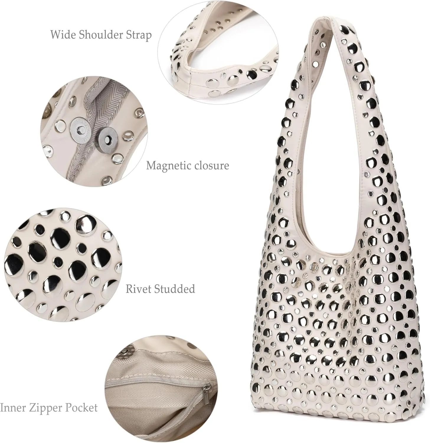 Stylish Studded Hobo Bag Y2K Rivets Bucket Purse for Women Trendy Small Shoulder Tote Handbag