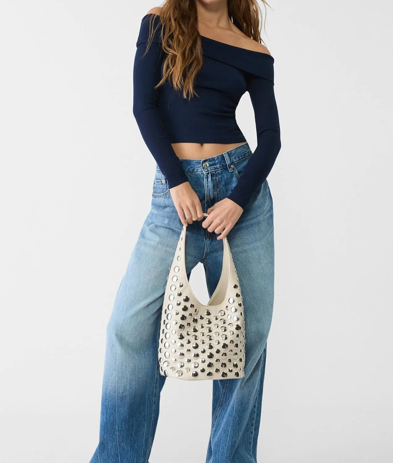 Stylish Studded Hobo Bag Y2K Rivets Bucket Purse for Women Trendy Small Shoulder Tote Handbag