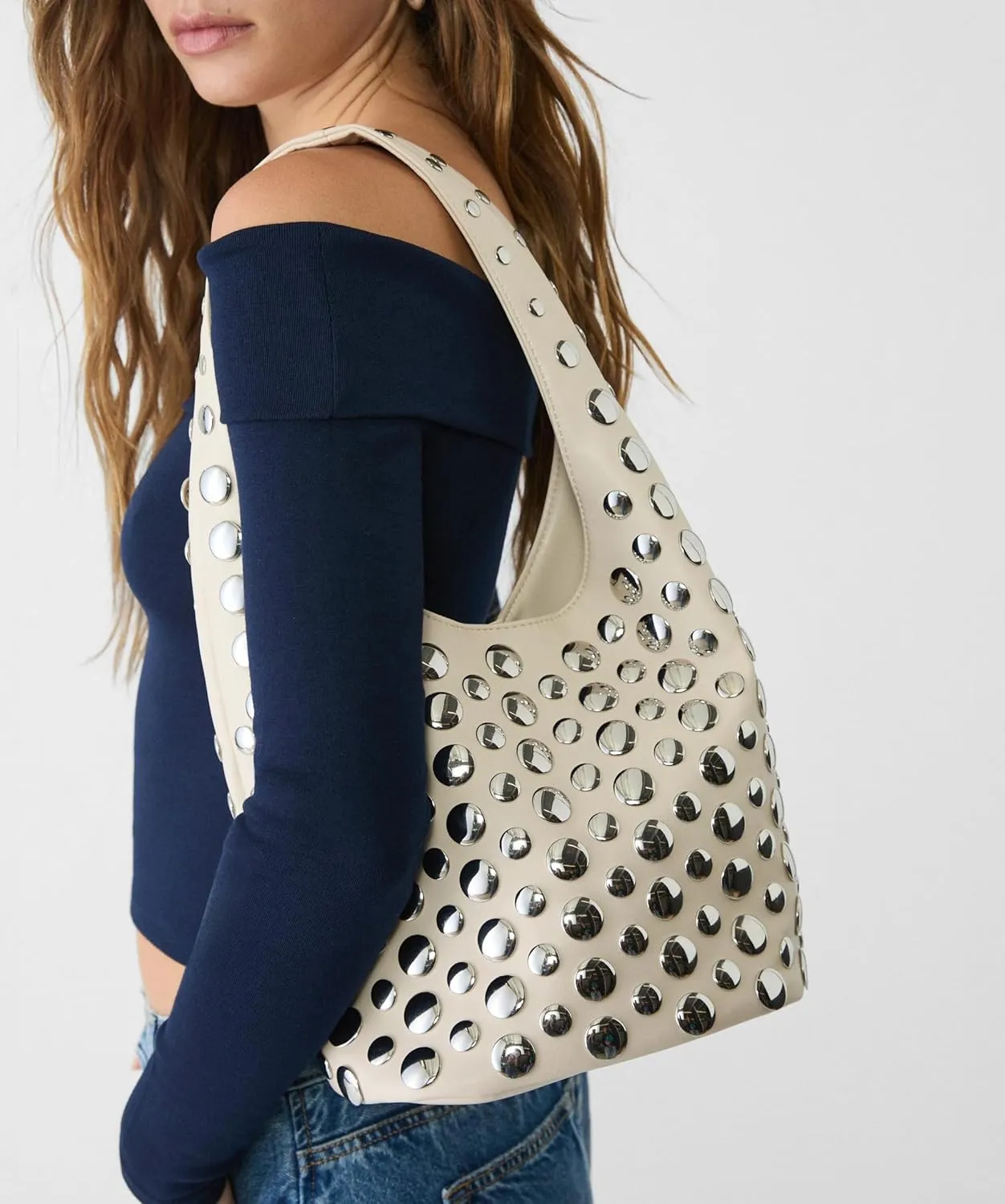 Stylish Studded Hobo Bag Y2K Rivets Bucket Purse for Women Trendy Small Shoulder Tote Handbag