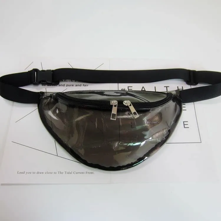 Stylish Women Iridescent Hologram Fanny Pack Shiny Metallic Waist Bag Punk For Men Women Outdoor Sports (Clear Black)