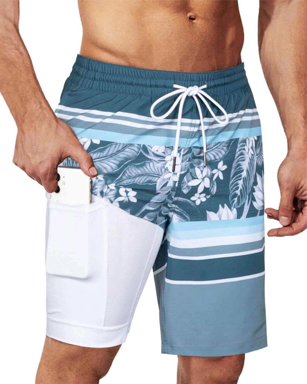 SURF CUZ 9" Mens Swim Trunks with Compression Liner Bathing Suits 2 in 1 Stretch Zipper Pockets Quick Dry