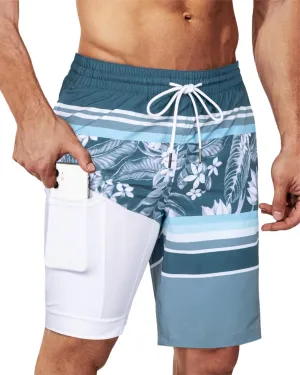 SURF CUZ 9" Mens Swim Trunks with Compression Liner Bathing Suits 2 in 1 Stretch Zipper Pockets Quick Dry