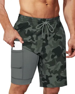 SURF CUZ 9" Mens Swim Trunks with Compression Liner Bathing Suits 2 in 1 Stretch Zipper Pockets Quick Dry