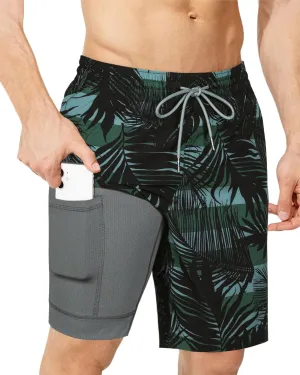 SURF CUZ 9" Mens Swim Trunks with Compression Liner Swimming Shorts 2 in 1 Stretch Quick Dry Zipper Pockets