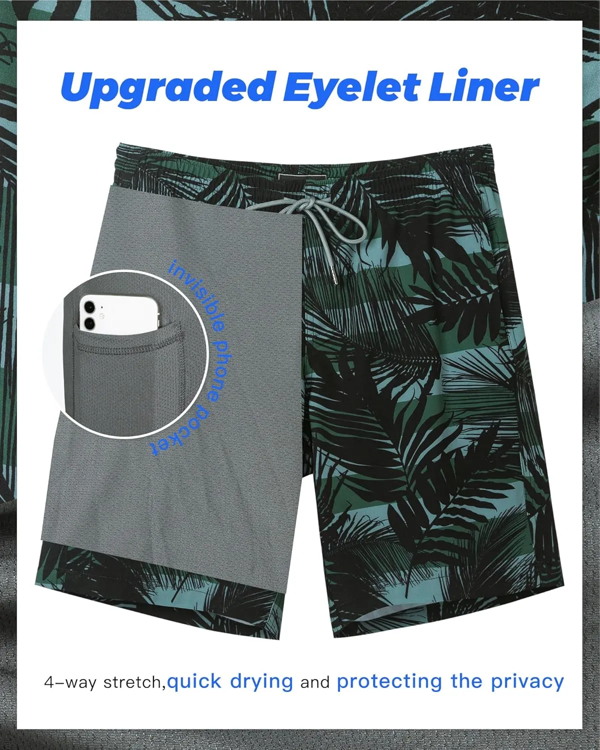 SURF CUZ 9" Mens Swim Trunks with Compression Liner Swimming Shorts 2 in 1 Stretch Quick Dry Zipper Pockets