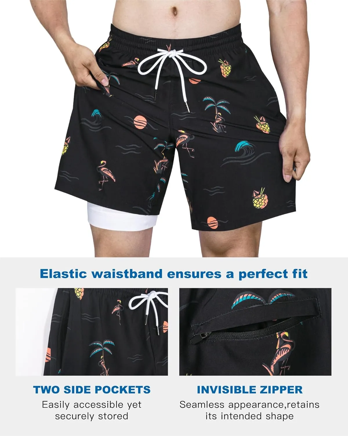 SURF CUZ Mens Swim Trunks with Compression Liner Quick Dry Swim Shorts 7" Swimming Trunks Stretch Bathing Suit 7 Inch